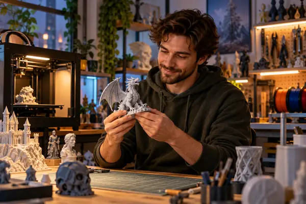 Generated portrait of a 3D printing hobbyist beside a workshop bench