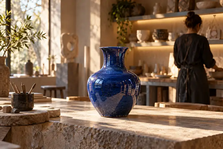 Handcrafted ceramic vase with cobalt blue glaze in a studio setting