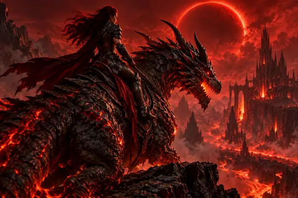 Fiery fantasy rider and creature posed together in a dramatic red and black render