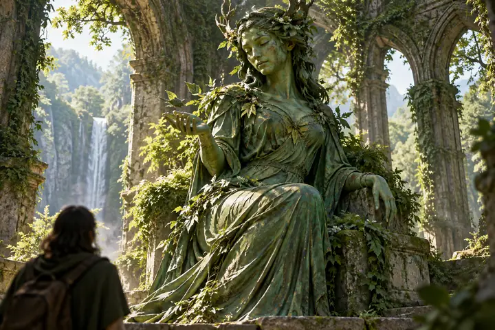 Green forest guardian statue with flowing robes and a calm pose