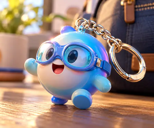 Playful round character wearing blue goggles as a colorful keychain render