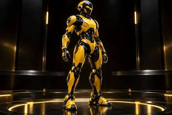 Glossy yellow and black humanoid robot model standing in a dramatic black 3D preview studio