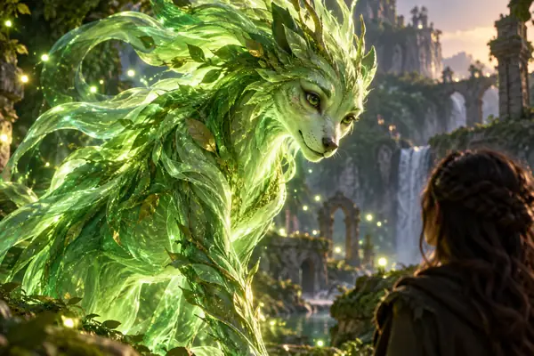 Luminous green spirit creature with flowing hair and an expressive face