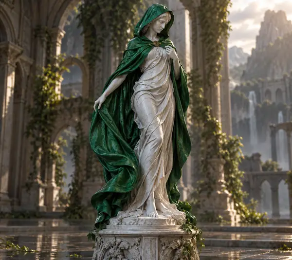 White statue wearing a flowing emerald hooded cloak on a pedestal