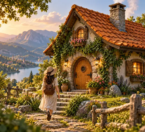 Charming small cottage with orange roof, chimney, vines, and a round wooden door