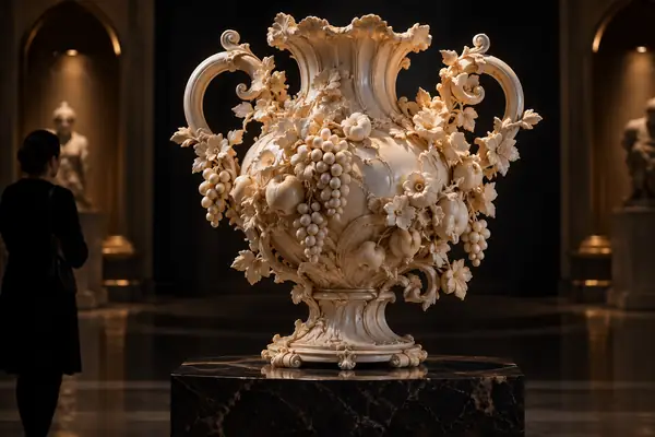 Ornate ivory sculptural vessel decorated with flowers and fruit on a dark stage
