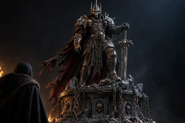Dark armored skull knight standing on a chained pedestal in a studio render