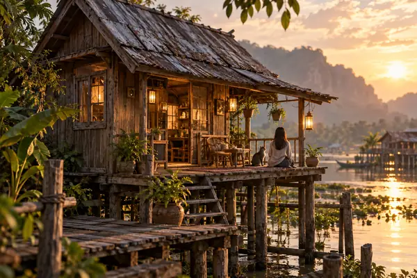 Small wooden stilt house with a weathered roof and a warm rustic atmosphere