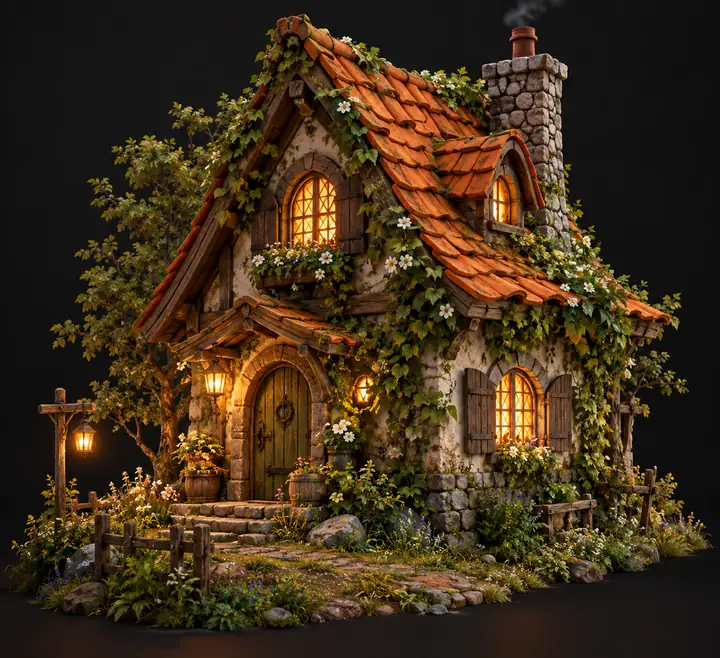 Whimsical woodland cottage with orange roof and vines on a dark background