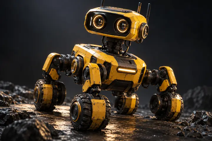 Yellow exploration robot with black joints on a dark studio background